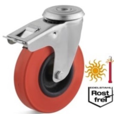 Roata cauciuc termorezistent, carcasa pivotanta cu frana si alezaj INOX, WLL=80 kg, D=125 mm