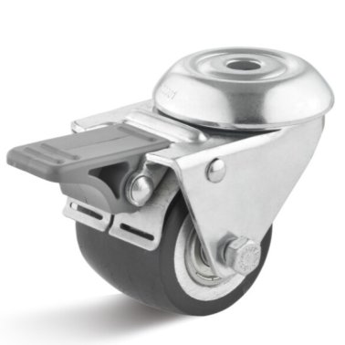 Roata showbiz din poliuretan, carcasa pivotanta cu frana si alezaj, WLL=100 kg, D=33 mm