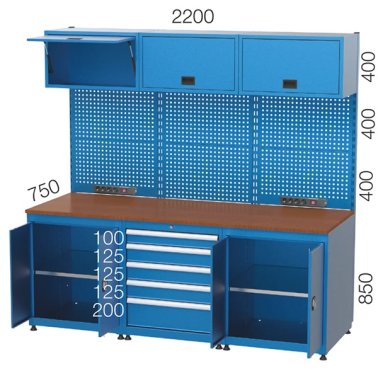 Mobilier cu banc de lucru integrat cu 5 dulapuri si 5 sertare 2200x750x2050mm