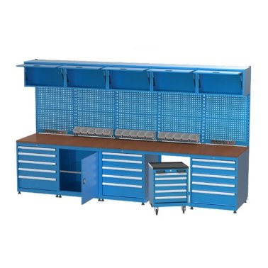 Mobilier cu banc de lucru integrat cu 6 dulapuri si 20 sertare 3550x750x2050mm