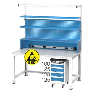 Banc de lucru electronic placat ESD cu 2 rafturi si carucior cu 4 sertare