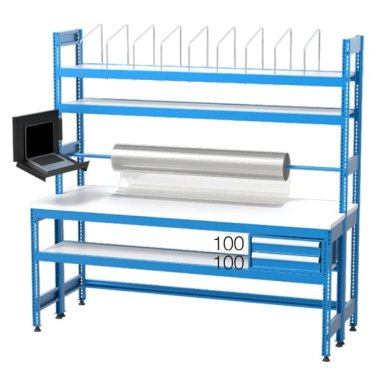 Banc de lucru impachetare cu 2 sertare, 3 rafturi, bara rla si consola laptop 2100x900x2000mm