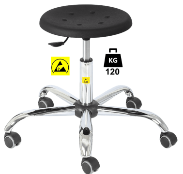 Taburet ESD seria STOOL Standard poliuretan WLL=120kg H=430-555mm, cu roti din cauciuc cu frana la ridicare si suport