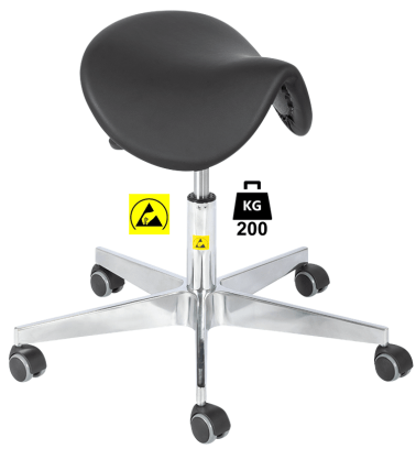Taburet ESD seria SADDLE Heavy Duty poliuretan WLL=200kg H=450-570mm, cu roti din metal si suport