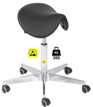 Taburet ESD seria SADDLE Heavy Duty poliuretan WLL=200kg H=530-710mm, cu roti din cauciuc fara frana
