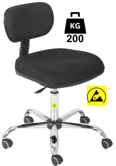 Scaun ESD cu husa textila ECONOMIC Heavy Duty WLL=200kg H=480-610mm negru premium, cu roti din cauciuc fara frana
