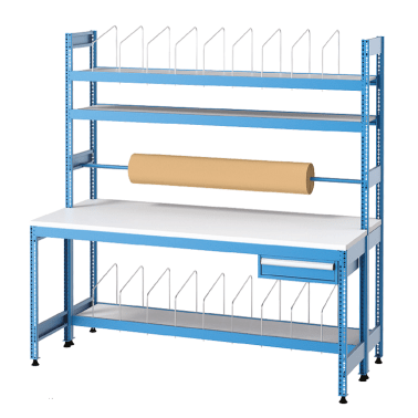 Banc de lucru impachetare cu 1 sertar, 3 rafturi si rulou 2100x900x2000mm