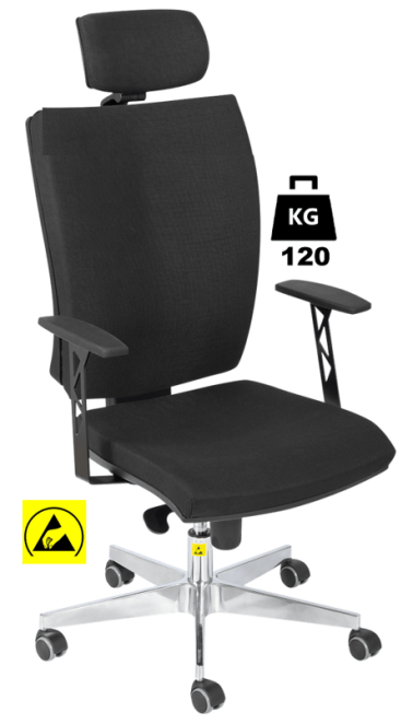 Scaun ESD cu husa textila SUPERIOR 2 cu cotiere WLL=120kg H=435-500mm albastru premium, cu roti din cauciuc cu frana la ridicare