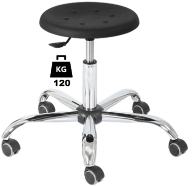 Taburet industrial STOOL Standard poliuretan WLL=120kg H=430-555mm, cu roti din cauciuc cu frana la ridicare