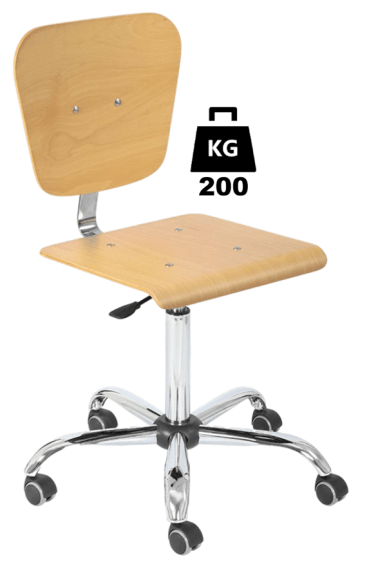 Scaun uz industrial plywood WORKSHOP Heavy Duty WLL=200kg H=505-690mm cu roti din cauciuc cu frana la ridicare si suport