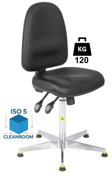 Scaun Clean-Room COMFORT husa vinil WLL=120kg H=595-850mm cu suport si cotiere din poliuretan