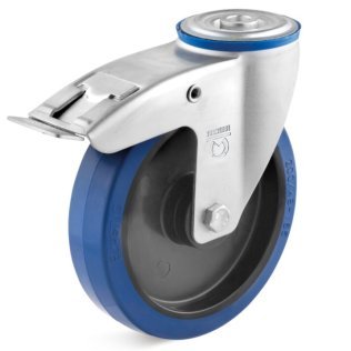 Roata cauciuc elastic albastru, carcasa pivotanta cu frana si alezaj, WLL=300 kg, D=160 mm