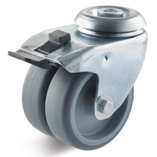 Roata dubla termoplast lagar alunecare, carcasa pivotanta cu frana si alezaj, WLL=80 kg, D=50 mm