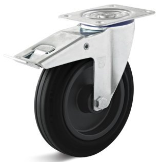 Roata cauciuc termoplastic, rulment cu ace, cu carcasa pivotanta cu frana, WLL=100 kg, D=125 mm