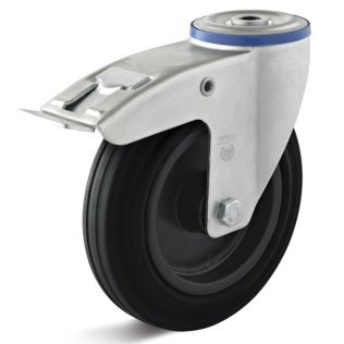 Roata cauciuc termoplastic, rulment cu ace, carcasa pivotanta cu frana si alezaj, WLL=50 kg, D=80 mm