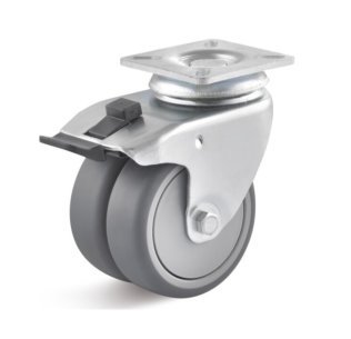 Roata dubla termoplast, rulment cu bila, carcasa pivotanta cu frana, WLL=100 kg, D=75 mm