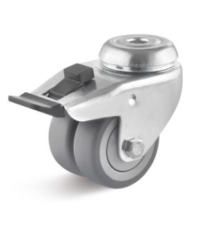 Roata dubla termoplast, rulment cu bila, carcasa pivotanta cu frana alezaj, WLL=100 kg, D=75 mm