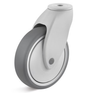 Roata cauciuc termoplastic, rulment cu bila, cu carcasa pivotanta cu alezaj, WLL=100 kg, D=125 mm