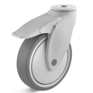 Roata cauciuc termoplastic, rulment cu bila, carcasa pivotanta cu frana si alezaj, WLL=100 kg, D=100 mm
