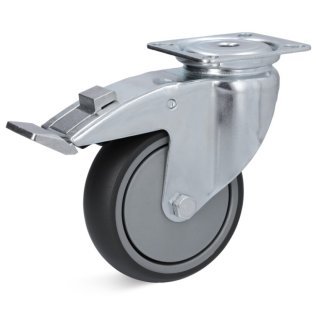 Roata cauciuc termoplastic, rulment cu bila, cu carcasa pivotanta cu frana, WLL=100 kg, D=100 mm