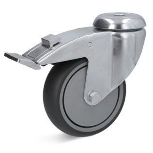 Roata cauciuc termoplastic, rulment cu bila, carcasa pivotanta cu frana si alezaj, WLL=100 kg, D=100 mm