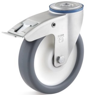 Roata cauciuc termoplastic, rulmenti cu bila, carcasa pivotanta cu frana si alezaj, WLL=120 kg, D=80 mm