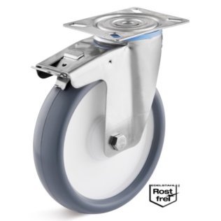 Roata termoplast, rulment si carcasa pivotanta cu frana INOX, WLL=80 kg, D=80 mm