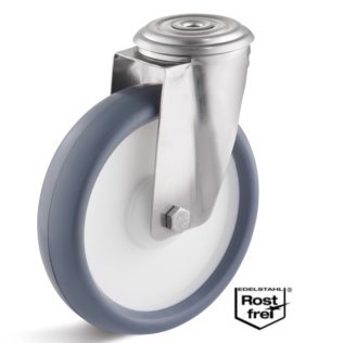 Roata termoplast, rulment si carcasa pivotanta cu alezaj INOX, WLL=220 kg, D=200 mm