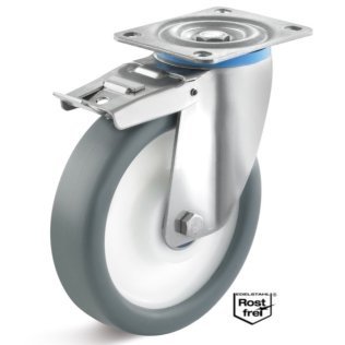Roata termoplast, rulment si carcasa pivotanta si frana INOX, WLL=120 kg, D=80 mm