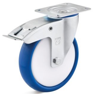 Roata poliuretan, rulment cu bile, carcasa pivotanta cu frana, WLL=200 kg, D=125 mm