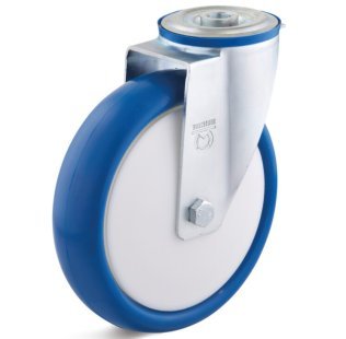 Roata poliuretan, rulment cu bile, carcasa pivotanta cu alezaj, WLL=100 kg, D=80 mm