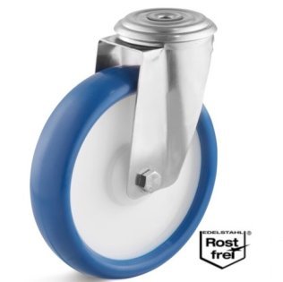 Roata poliuretan rigid, rulment si carcasa pivotanta cu alezaj INOX, WLL=130 kg, D=125 mm