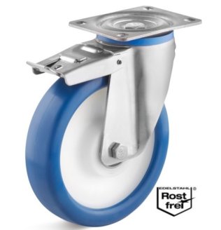 Roata poliuretan rigid, rulment si carcasa pivotanta cu frana INOX, WLL=500 kg, D=200 mm