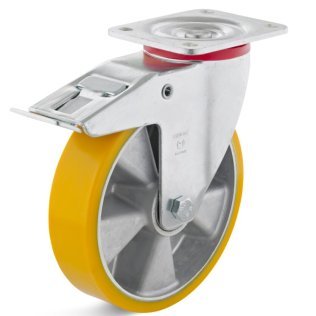 Roata poliuretan rigid, rulment cu bila, carcasa pivotanta cu frana, WLL=180 kg, D=80 mm