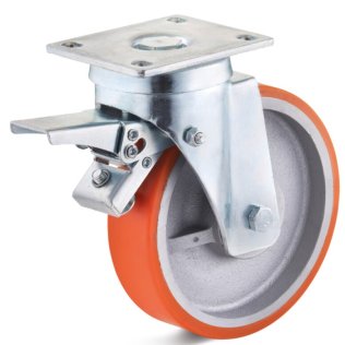 Roata poliuretan rulment cu bila, carcasa pivotanta cu frana, orange, WLL=1800 kg, D=300 mm