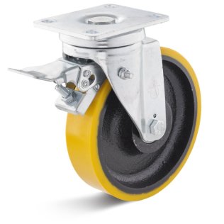 Roata poliuretan rigid, rulment cu bila, carcasa pivotanta cu frana, WLL=1400 kg, D=250 mm