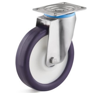 Roata poliuretan elastic, rulmenti cu bila, carcasa pivotanta, WLL=130 kg, D=80 mm