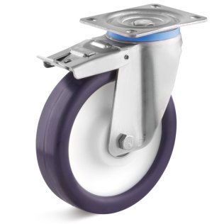 Roata poliuretan elastic, rulmenti cu bila, carcasa pivotanta cu frana, WLL=200 kg, D=125 mm