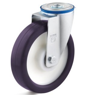 Roata poliuretan elastic, rulmenti cu bila, carcasa pivotanta si alezaj, WLL=200 kg, D=125 mm