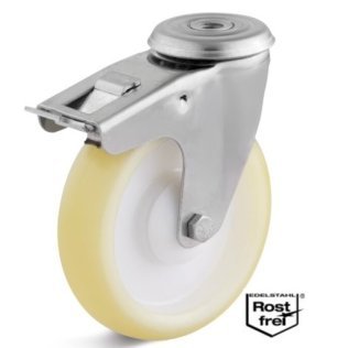 Roata poliuretan elastic, rulment si carcasa pivotanta cu frana si alezaj INOX, WLL=80 kg, D=80 mm