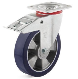 Roata poliuretan elastic, rulment, carcasa pivotanta cu frana, WLL=600 kg, D=200 mm