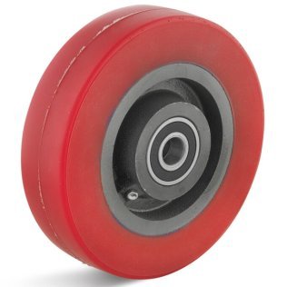 Roata poliuretan elastic rosu, janta fonta, lagar rulmenti cu bila, WLL=300 kg, D=100 mm
