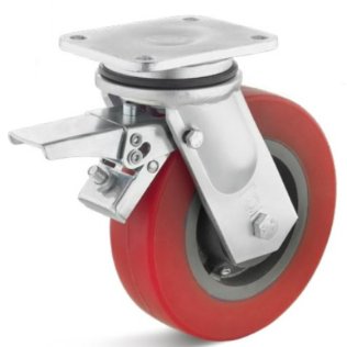 Roata poliuretan elastic rosu, rulment, carcasa pivotanta, cu frana, WLL=1000 kg, D=250 mm