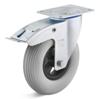 Roata poliuretan expandat, janta polimer, rulment cu bila si role, carcasa pivotanta cu frana, WLL=75 kg, D=125 mm