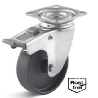 Roata poliamida lagar alunecare, carcasa pivotanta cu frana INOX, WLL=60 kg, D=75 mm