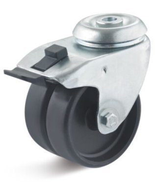 Roata poliamida dubla, carcasa pivotanta cu frana si alezaj, WLL=100 kg, D=75 mm