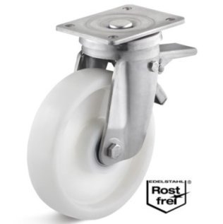 Roata poliamida, rulment si carcasa pivotanta cu frana INOX, WLL=400 kg, D=125 mm