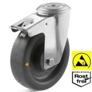 Roata ESD poliamida, carcasa pivotanta cu frana si alezaj INOX, WLL=300 kg, D=200 mm
