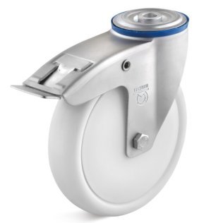 Roata polipropilena, protectie rulment, carcasa pivotanta cu frana si alezaj, WLL=210 kg, D=125 mm