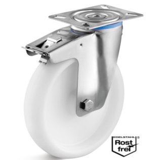 Roata polipropilena, rulment si carcasa pivotanta cu frana INOX, WLL=130 kg, D=125 mm